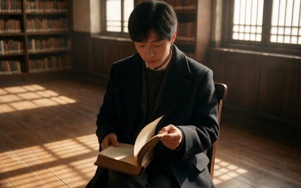 日韩电影画面:图书馆里主角在书架间翻找旧书,阳光透过窗格洒在地板上