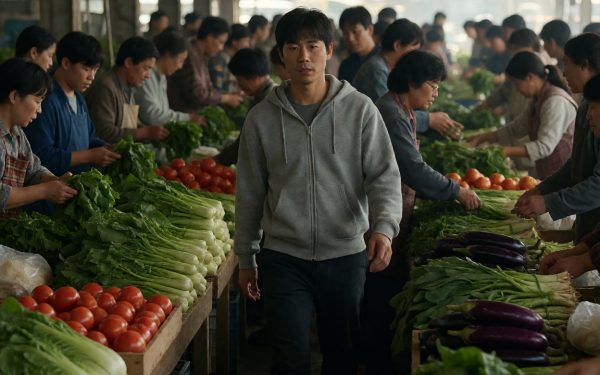 日韩电影画面:清晨菜市场摊主整理蔬菜,主角在人群里穿行,画面生活气息浓