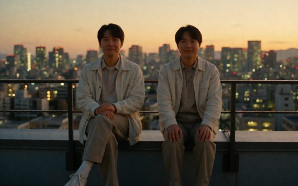 日韩电影画面:黄昏天台两个人并肩坐着,远处城市亮起灯,氛围温暖